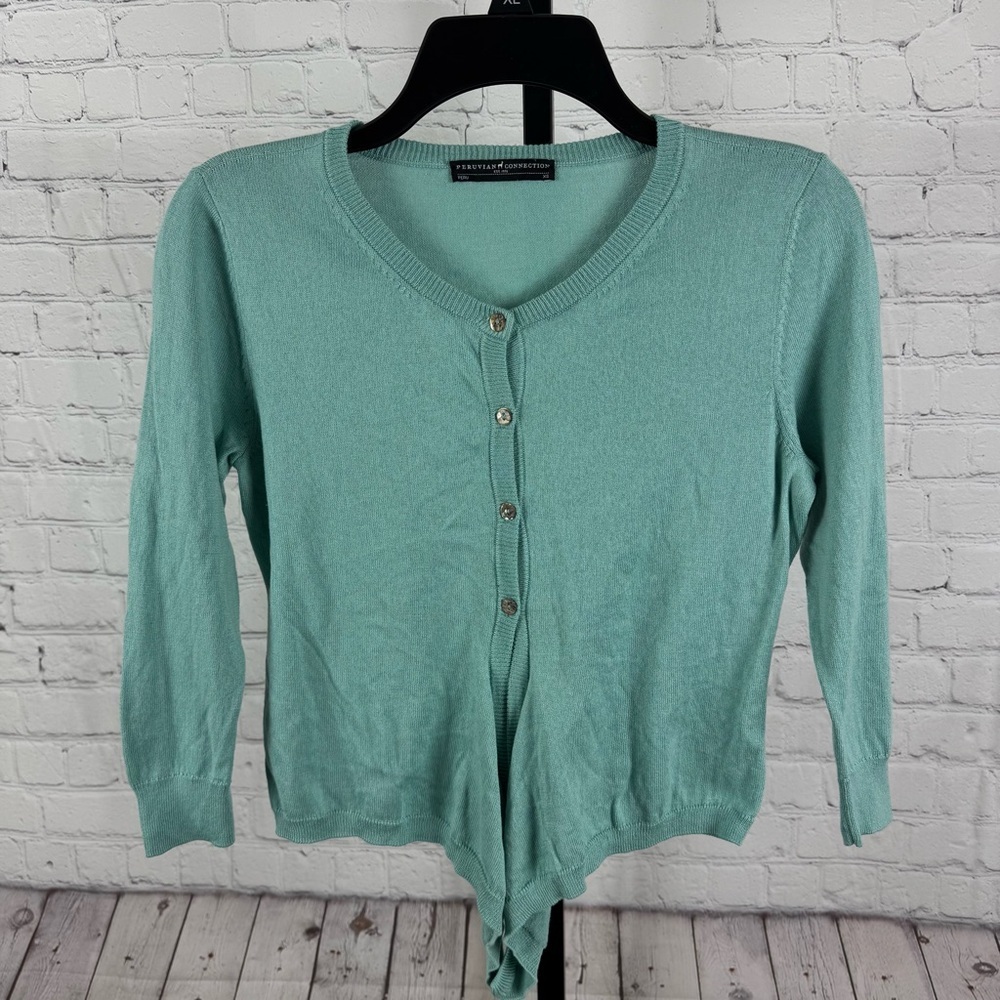 Peruvian Connection Aqua Button Up Cardigan Sweater Size XS